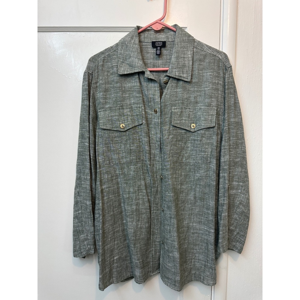 Jones New York Signature Sage Green Linen Blend Button Down Shirt M oversied